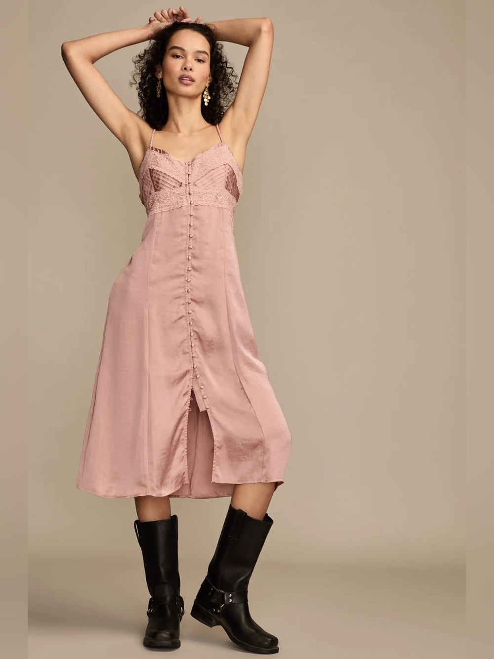 NWOT Lucky Brand Pintuck Lace Button Front Midi Dress Pink Satin Slip Medium